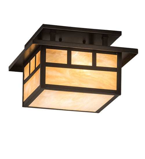 Meyda Lighting Hyde Park 12"Sq 2-Light Craftsman Brown Double Bar Mission Flush Mount Light With Beige Iridescent Shade Glass