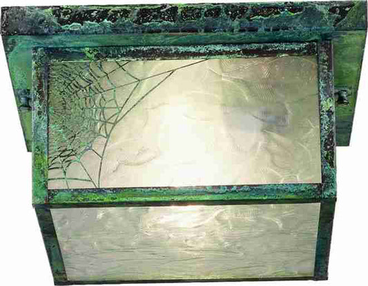 Meyda Lighting Hyde Park 12"Sq 2-Light Verdigris Spider Web Flush Mount Light With Clear Leaf Shade Glass