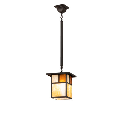 Meyda Lighting Hyde Park 13" Craftsman Brown "T" Mission Pendant Light With Beige & Amber Mica Shade Glass