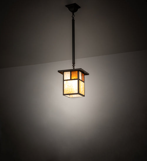 Meyda Lighting Hyde Park 13" Craftsman Brown "T" Mission Pendant Light With Beige & Amber Mica Shade Glass