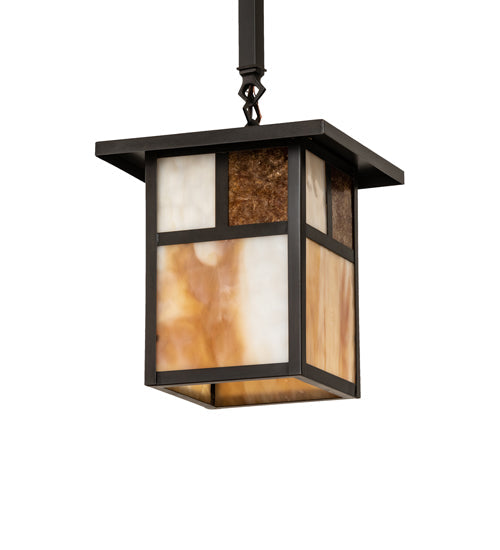 Meyda Lighting Hyde Park 13" Craftsman Brown "T" Mission Pendant Light With Beige & Amber Mica Shade Glass