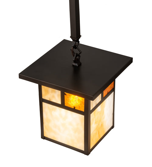Meyda Lighting Hyde Park 13" Craftsman Brown "T" Mission Pendant Light With Beige & Amber Mica Shade Glass