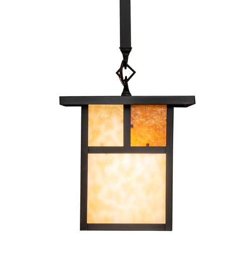 Meyda Lighting Hyde Park 13" Craftsman Brown "T" Mission Pendant Light With Beige & Amber Mica Shade Glass