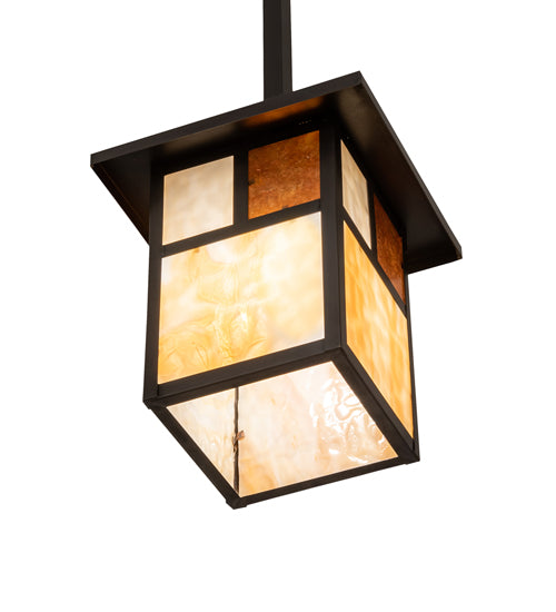 Meyda Lighting Hyde Park 13" Craftsman Brown "T" Mission Pendant Light With Beige & Amber Mica Shade Glass