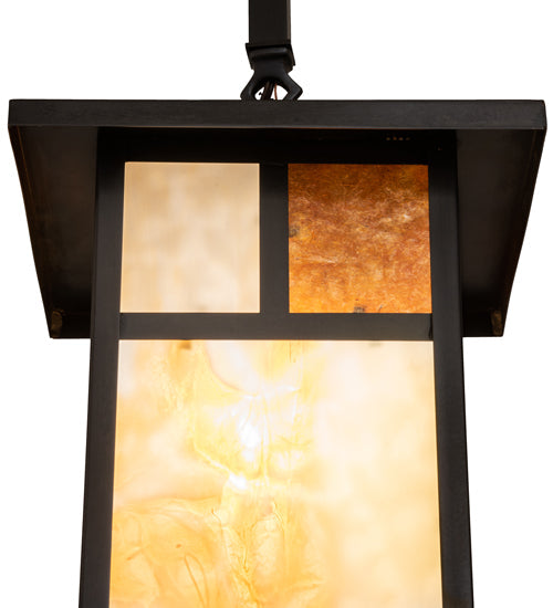 Meyda Lighting Hyde Park 13" Craftsman Brown "T" Mission Pendant Light With Beige & Amber Mica Shade Glass
