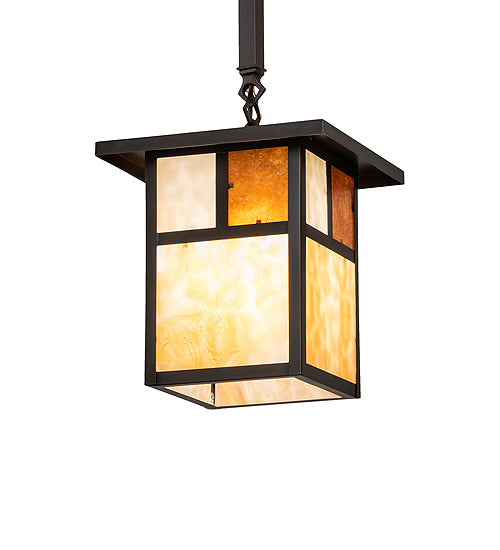 Meyda Lighting Hyde Park 13" Craftsman Brown "T" Mission Pendant Light With Beige & Amber Mica Shade Glass