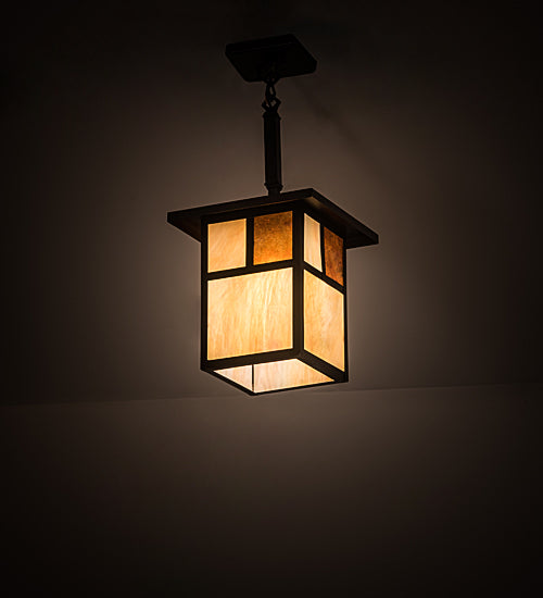 Meyda Lighting Hyde Park 13" Craftsman Brown "T" Mission Pendant Light With Beige Iridescent Glass & Amber Mica Shade
