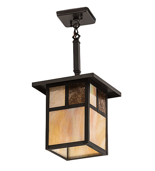 Meyda Lighting Hyde Park 13" Craftsman Brown "T" Mission Pendant Light With Beige Iridescent Glass & Amber Mica Shade