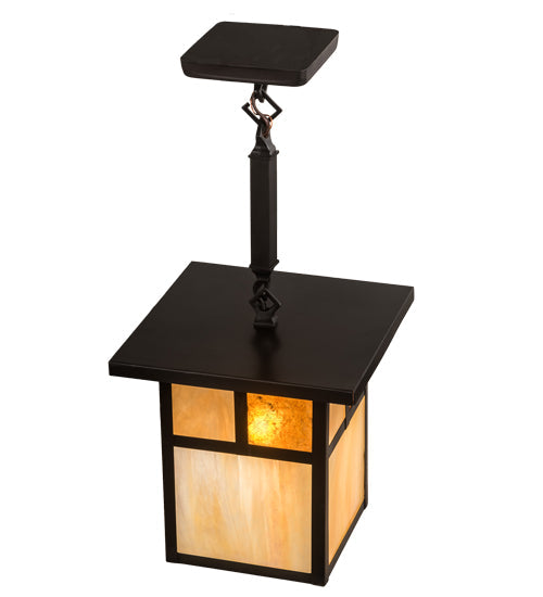 Meyda Lighting Hyde Park 13" Craftsman Brown "T" Mission Pendant Light With Beige Iridescent Glass & Amber Mica Shade