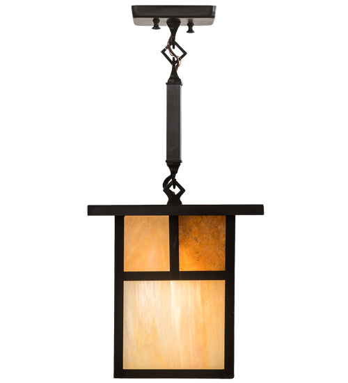 Meyda Lighting Hyde Park 13" Craftsman Brown "T" Mission Pendant Light With Beige Iridescent Glass & Amber Mica Shade