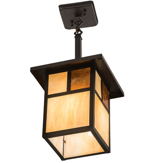 Meyda Lighting Hyde Park 13" Craftsman Brown "T" Mission Pendant Light With Beige Iridescent Glass & Amber Mica Shade