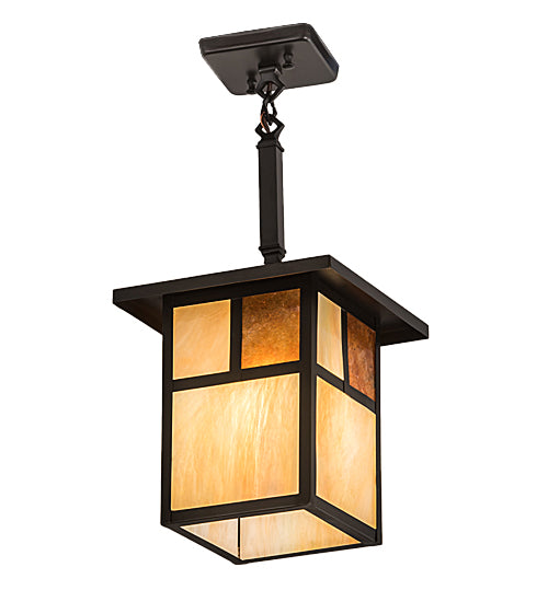 Meyda Lighting Hyde Park 13" Craftsman Brown "T" Mission Pendant Light With Beige Iridescent Glass & Amber Mica Shade