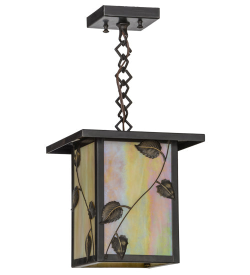 Meyda Lighting Hyde Park 13" Craftsman Brown Vine Leaf Pendant Light With Beige Iridescent Shade Glass