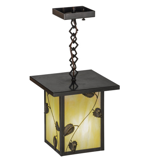 Meyda Lighting Hyde Park 13" Craftsman Brown Vine Leaf Pendant Light With Beige Iridescent Shade Glass