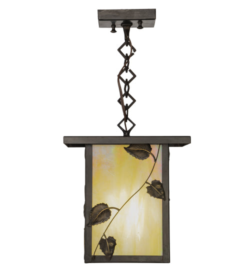 Meyda Lighting Hyde Park 13" Craftsman Brown Vine Leaf Pendant Light With Beige Iridescent Shade Glass