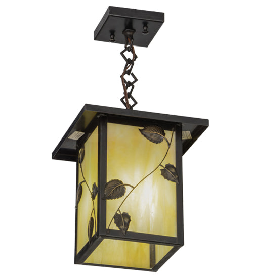 Meyda Lighting Hyde Park 13" Craftsman Brown Vine Leaf Pendant Light With Beige Iridescent Shade Glass