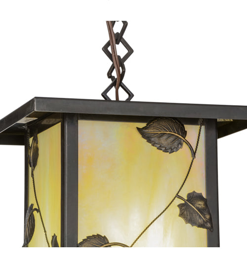Meyda Lighting Hyde Park 13" Craftsman Brown Vine Leaf Pendant Light With Beige Iridescent Shade Glass