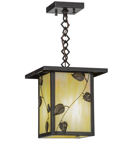 Meyda Lighting Hyde Park 13" Craftsman Brown Vine Leaf Pendant Light With Beige Iridescent Shade Glass
