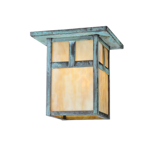 Meyda Lighting Hyde Park 13" Verdigris T Mission Flush Mount Light With Beige Iridescent Shade Glass