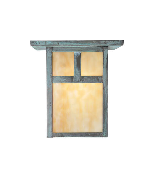 Meyda Lighting Hyde Park 13" Verdigris T Mission Flush Mount Light With Beige Iridescent Shade Glass