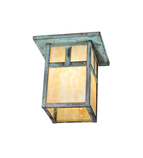 Meyda Lighting Hyde Park 13" Verdigris T Mission Flush Mount Light With Beige Iridescent Shade Glass