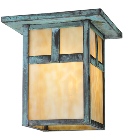 Meyda Lighting Hyde Park 13" Verdigris T Mission Flush Mount Light With Beige Iridescent Shade Glass