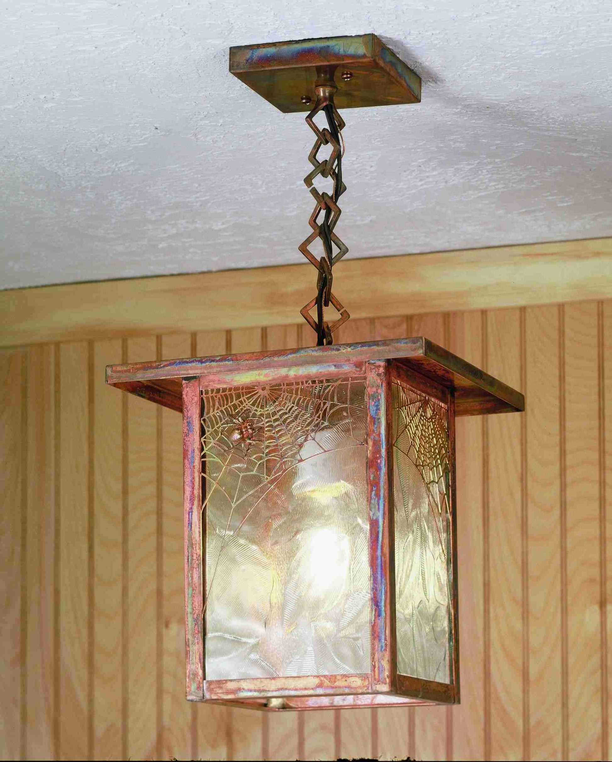 Meyda Lighting Hyde Park 13" Vintage Copper Spider Web Ceiling Pendant Light With Clear Seeded Shade Glass
