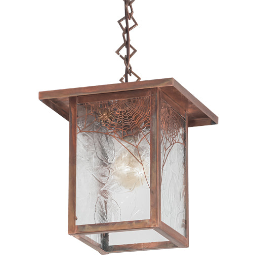Meyda Lighting Hyde Park 13" Vintage Copper Spider Web Pendant Light With Clear Leaf Shade Glass