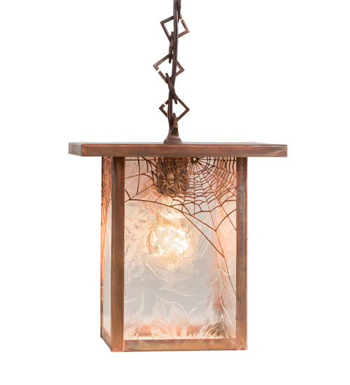 Meyda Lighting Hyde Park 13" Vintage Copper Spider Web Pendant Light With Clear Leaf Shade Glass