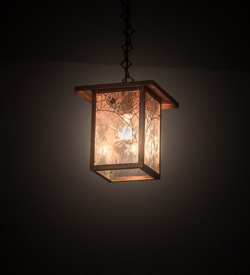 Meyda Lighting Hyde Park 13" Vintage Copper Spider Web Pendant Light With Clear Leaf Shade Glass