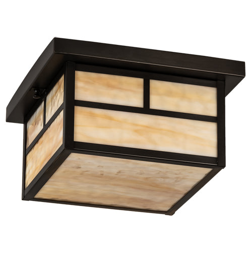 Meyda Lighting Hyde Park 14" 2-Light Craftsman Brown "T" Mission Flush Mount Light With Beige Art Shade Glass