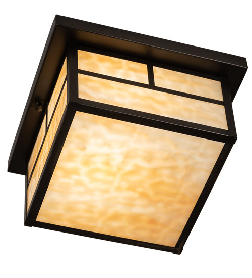 Meyda Lighting Hyde Park 14" 2-Light Craftsman Brown "T" Mission Flush Mount Light With Beige Art Shade Glass