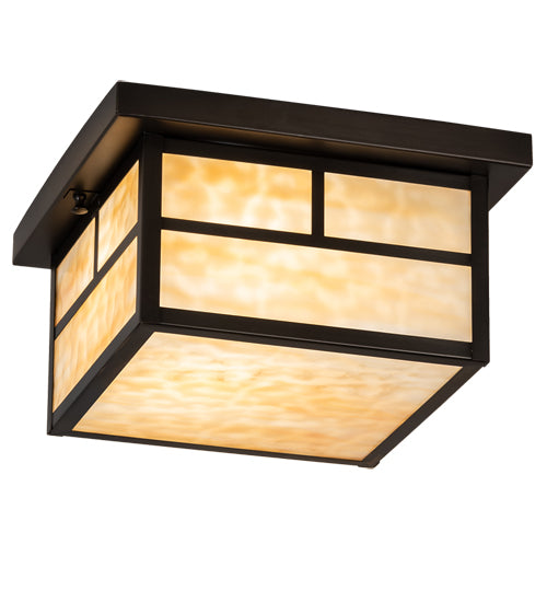 Meyda Lighting Hyde Park 14" 2-Light Craftsman Brown "T" Mission Flush Mount Light With Beige Art Shade Glass