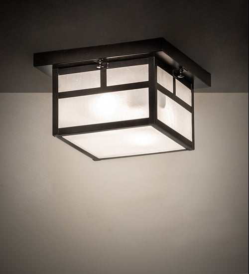 Meyda Lighting Hyde Park 14" 2-Light Craftsman Brown "T" Mission Flush Mount Light With Frosted Seeded Shade Glass