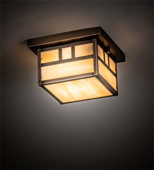 Meyda Lighting Hyde Park 14" Antique Brass Double Bar Mission Flush Mount Light With Beige Smooth Art Shade Glass