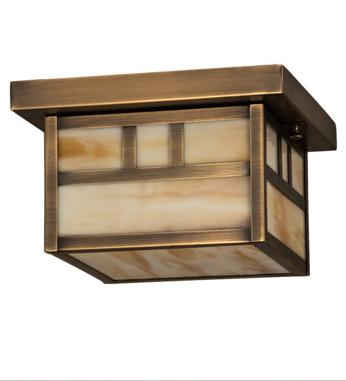 Meyda Lighting Hyde Park 14" Antique Brass Double Bar Mission Flush Mount Light With Beige Smooth Art Shade Glass