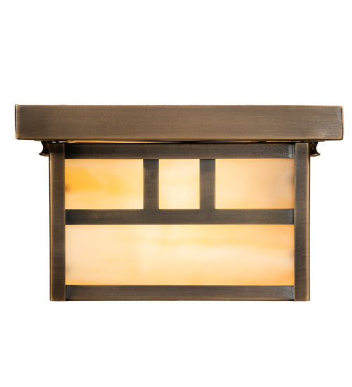 Meyda Lighting Hyde Park 14" Antique Brass Double Bar Mission Flush Mount Light With Beige Smooth Art Shade Glass