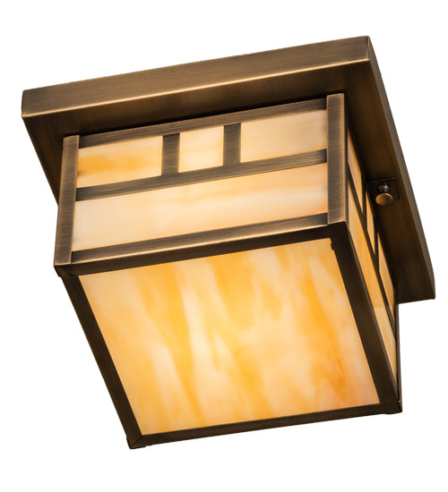 Meyda Lighting Hyde Park 14" Antique Brass Double Bar Mission Flush Mount Light With Beige Smooth Art Shade Glass