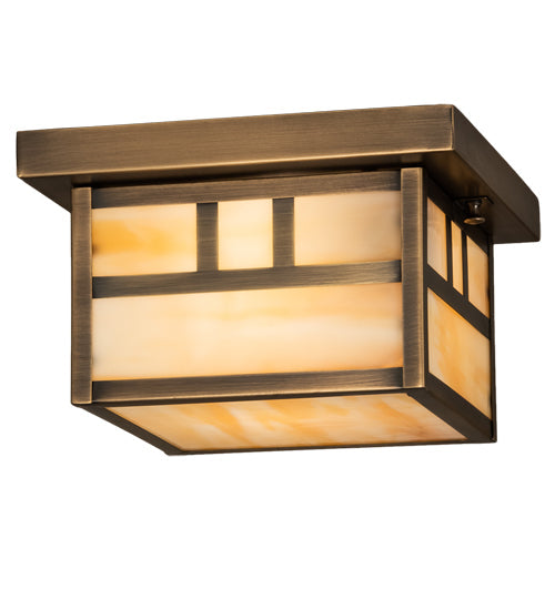 Meyda Lighting Hyde Park 14" Antique Brass Double Bar Mission Flush Mount Light With Beige Smooth Art Shade Glass