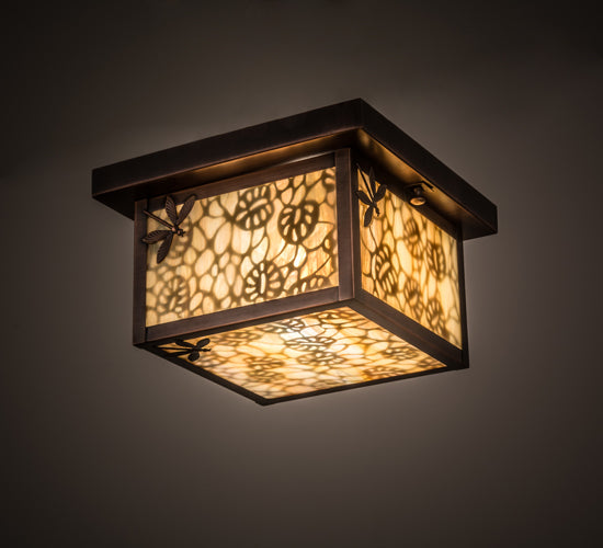Meyda Lighting Hyde Park 14" Antique Copper Lotus Leaf and Dragonfly Flush Mount Light With Beige Iridescent Shade Glass