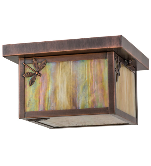 Meyda Lighting Hyde Park 14" Antique Copper Lotus Leaf and Dragonfly Flush Mount Light With Beige Iridescent Shade Glass