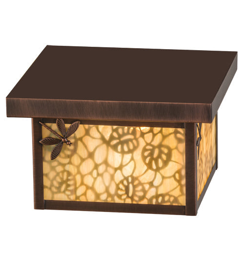 Meyda Lighting Hyde Park 14" Antique Copper Lotus Leaf and Dragonfly Flush Mount Light With Beige Iridescent Shade Glass