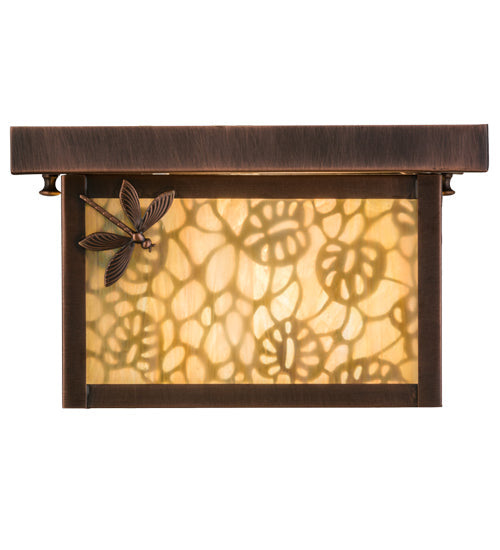 Meyda Lighting Hyde Park 14" Antique Copper Lotus Leaf and Dragonfly Flush Mount Light With Beige Iridescent Shade Glass