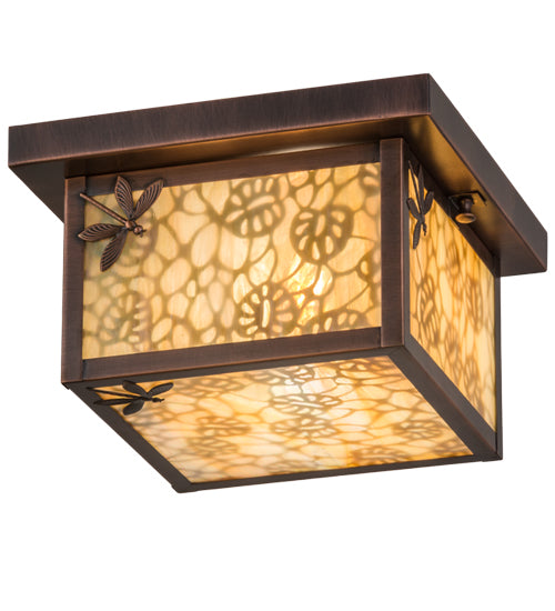 Meyda Lighting Hyde Park 14" Antique Copper Lotus Leaf and Dragonfly Flush Mount Light With Beige Iridescent Shade Glass
