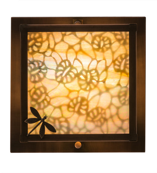 Meyda Lighting Hyde Park 14" Antique Copper Lotus Leaf and Dragonfly Flush Mount Light With Beige Iridescent Shade Glass