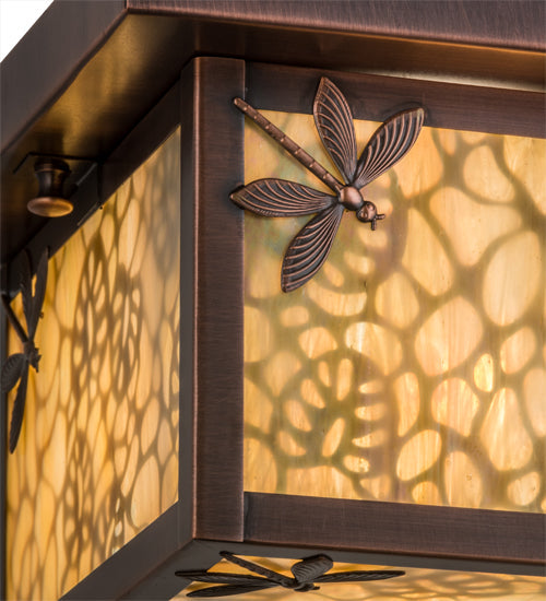 Meyda Lighting Hyde Park 14" Antique Copper Lotus Leaf and Dragonfly Flush Mount Light With Beige Iridescent Shade Glass