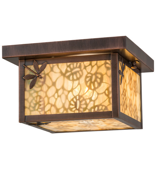 Meyda Lighting Hyde Park 14" Antique Copper Lotus Leaf and Dragonfly Flush Mount Light With Beige Iridescent Shade Glass