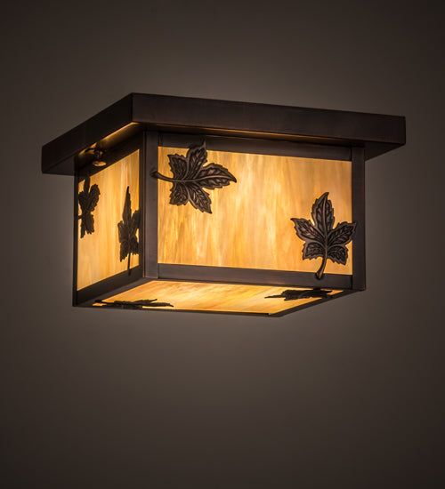 Meyda Lighting Hyde Park 14" Antique Copper Maple Leaf Flush Mount Light With Beige Iridescent Shade Glass
