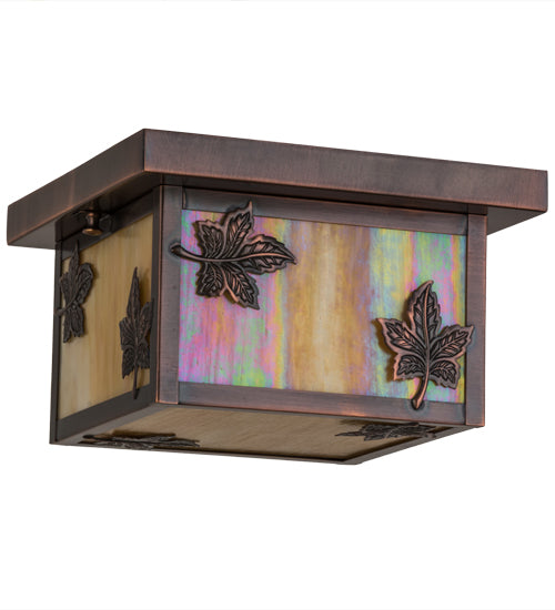 Meyda Lighting Hyde Park 14" Antique Copper Maple Leaf Flush Mount Light With Beige Iridescent Shade Glass