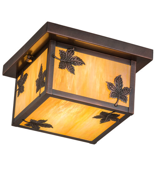 Meyda Lighting Hyde Park 14" Antique Copper Maple Leaf Flush Mount Light With Beige Iridescent Shade Glass